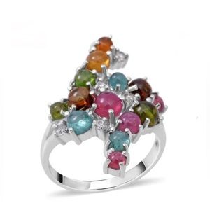 Multi-Tourmaline & White Zircon, Platinum/Sterling Silver Ring 3.90ctw